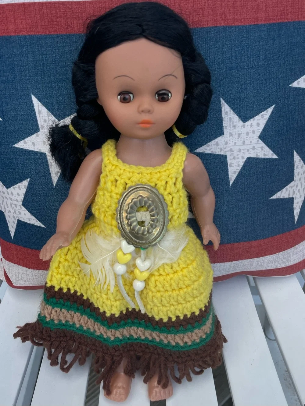 Vintage 1960s Doll w/ Hand Crocheted Native Style Outfit Fringe 12”
